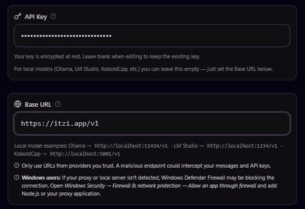 Marinara Engine Connection Editor showing the Itzi base URL and API key fields.