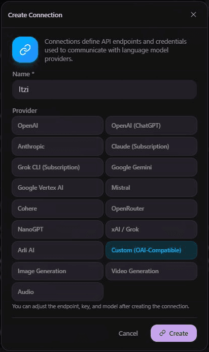 Marinara Engine Create Connection dialog with Itzi as the name and Custom (OAI-Compatible) selected.
